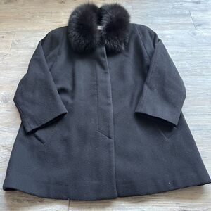 100% Virgin Wool Coat Black 8 Medium Vintage Goth Edwardian Real Fox Fur
